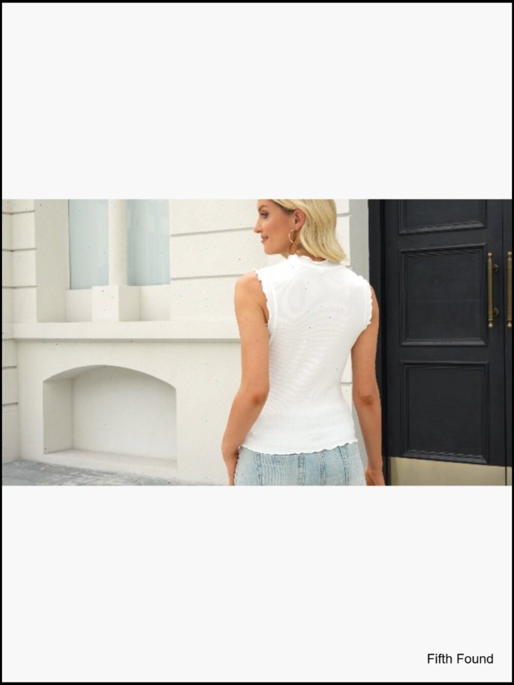 Sleeveless Ribbed Knit Tank Top Crew Neck Ruffle Trim Slim Fitted Summer Staple - Picture 5 of 7